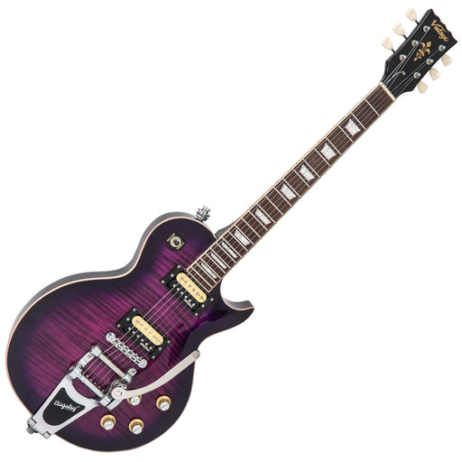 Vintage V100 ReIssued Electric Guitar w/Bigsby ~ Flamed Purpleburst - Fair Deal Music