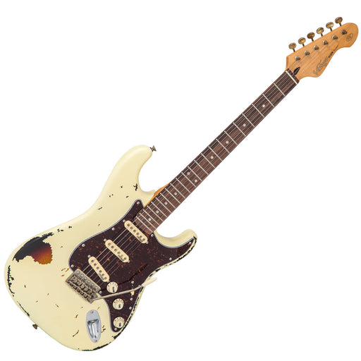 Vintage V6 ICON Electric Guitar ~ Distressed White Over Sunburst - Fair Deal Music