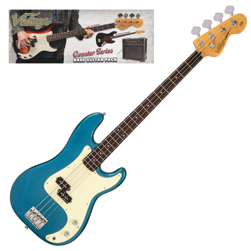 Vintage V40 Coaster Series Bass Guitar Pack ~ Candy Apple Blue - Fair Deal Music