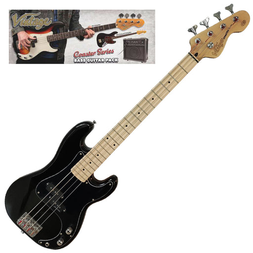 Vintage V30 Maple 7/8 Size Coaster Series Bass Guitar Pack ~ Boulevard Black - Fair Deal Music