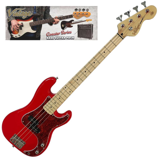 Vintage V30 Maple 7/8 Size Coaster Series Bass Guitar Pack ~ Gloss Red - Fair Deal Music