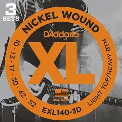 D'Addario EXL140-3D 10-52 Light Top/Heavy Bottom, XL Nickel Electric Guitar Strings 3-Pack - Fair Deal Music